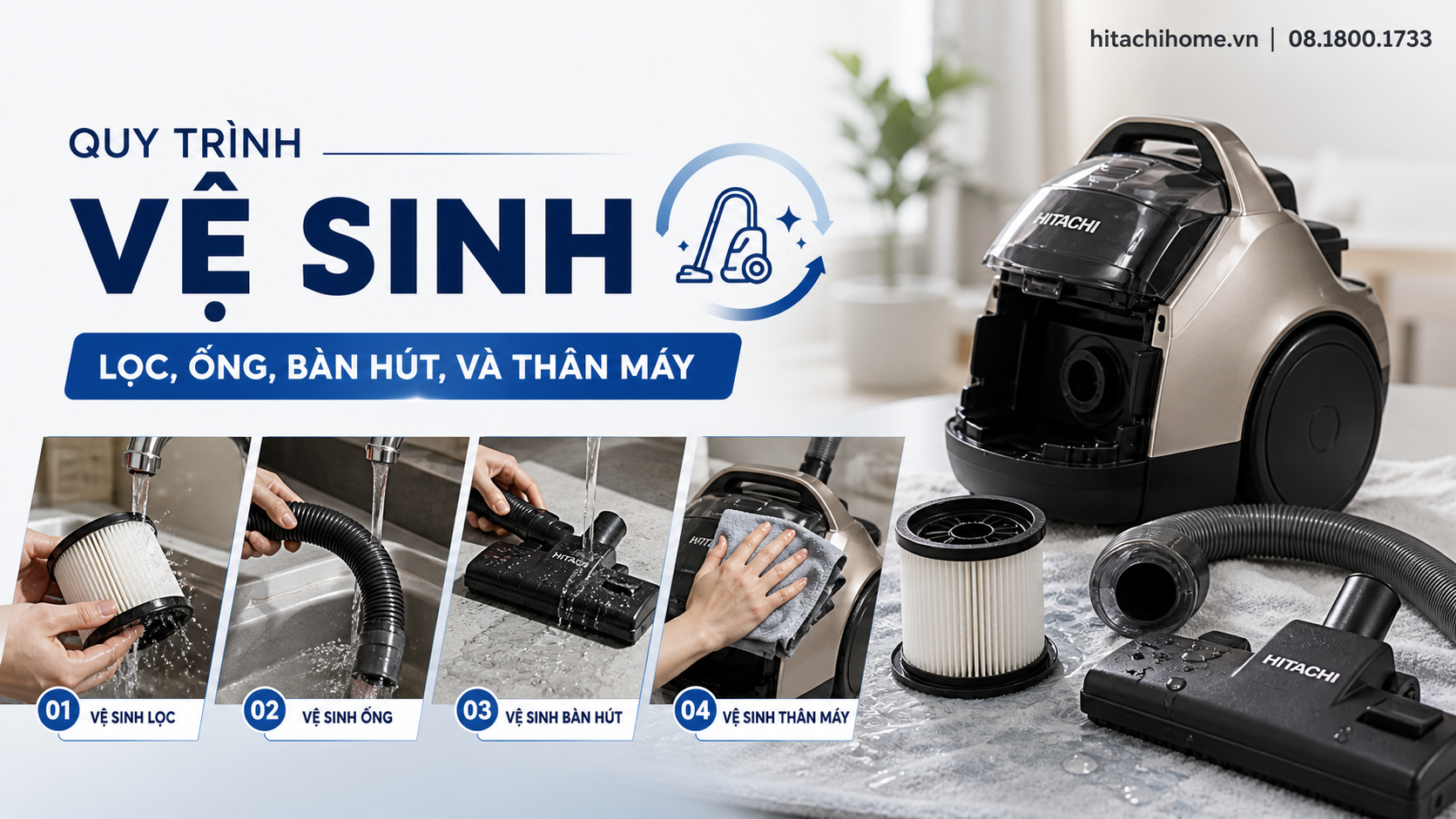 Quy trình vệ sinh lọc, ống, bàn hút, và thân máy