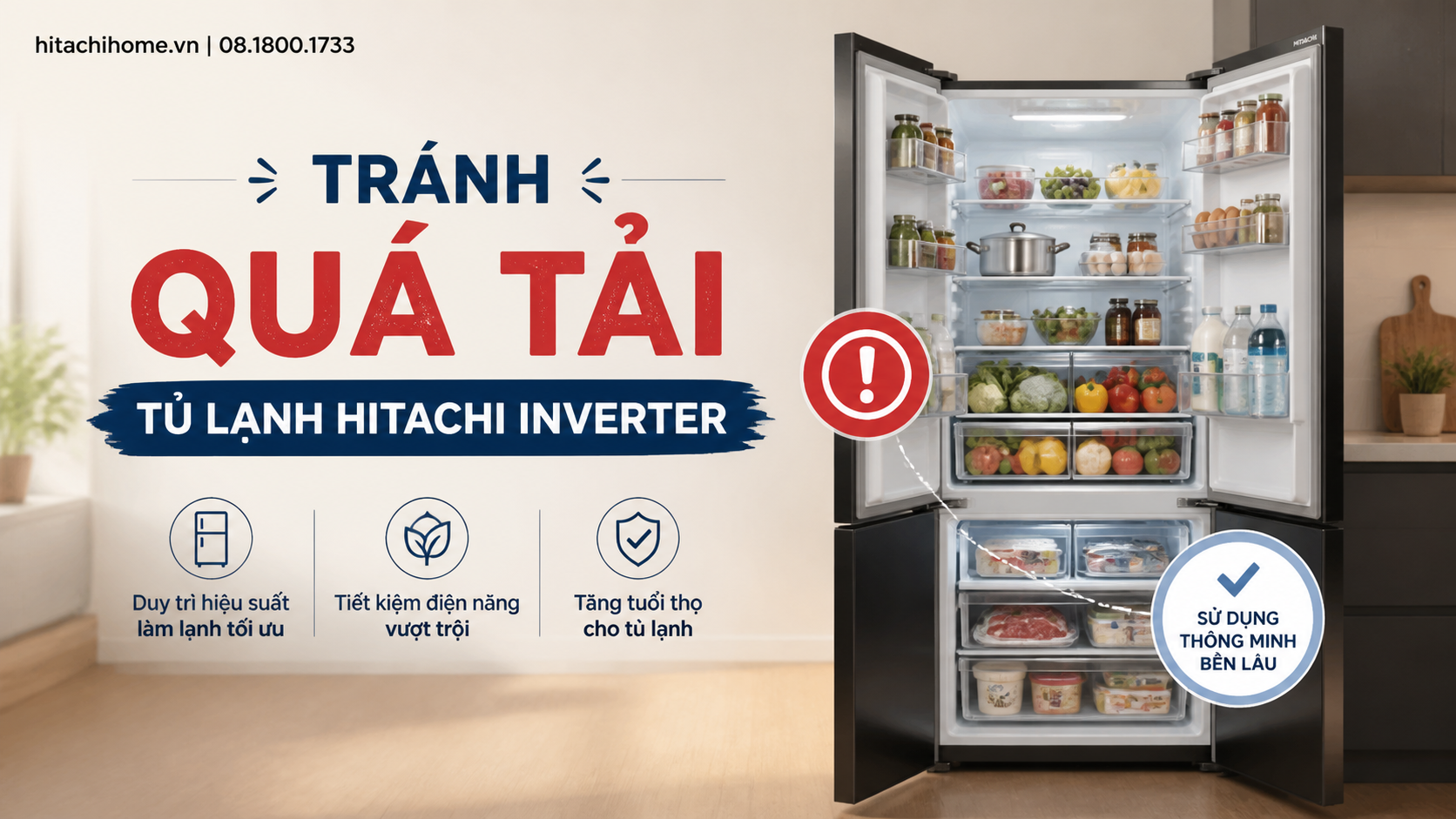 Tránh quá tải tủ lạnh Hitachi Inverter Tránh quá tải tủ lạnh Hitachi Inverter
